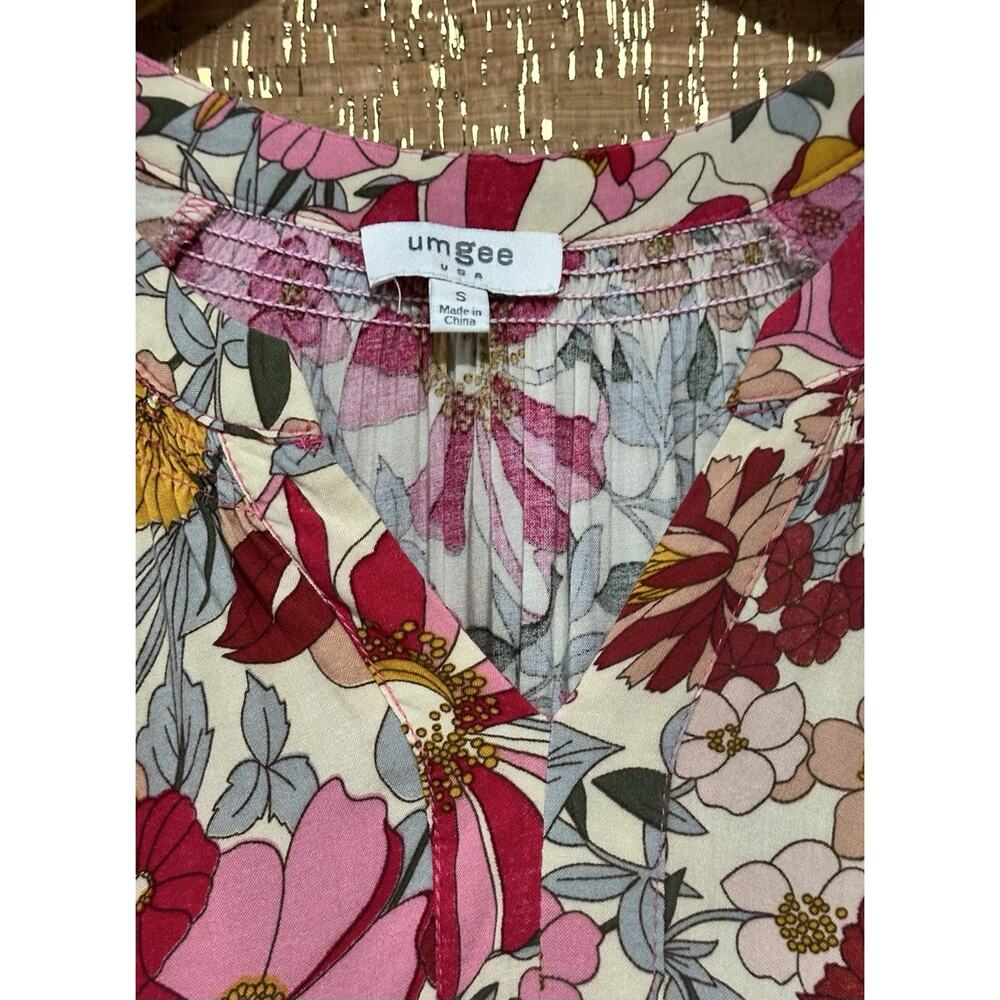 Umgee Pink Floral Dress V-Neck Flutter Sleeve Peasant Cottagecore Small Back Tie - Picture 4 of 9